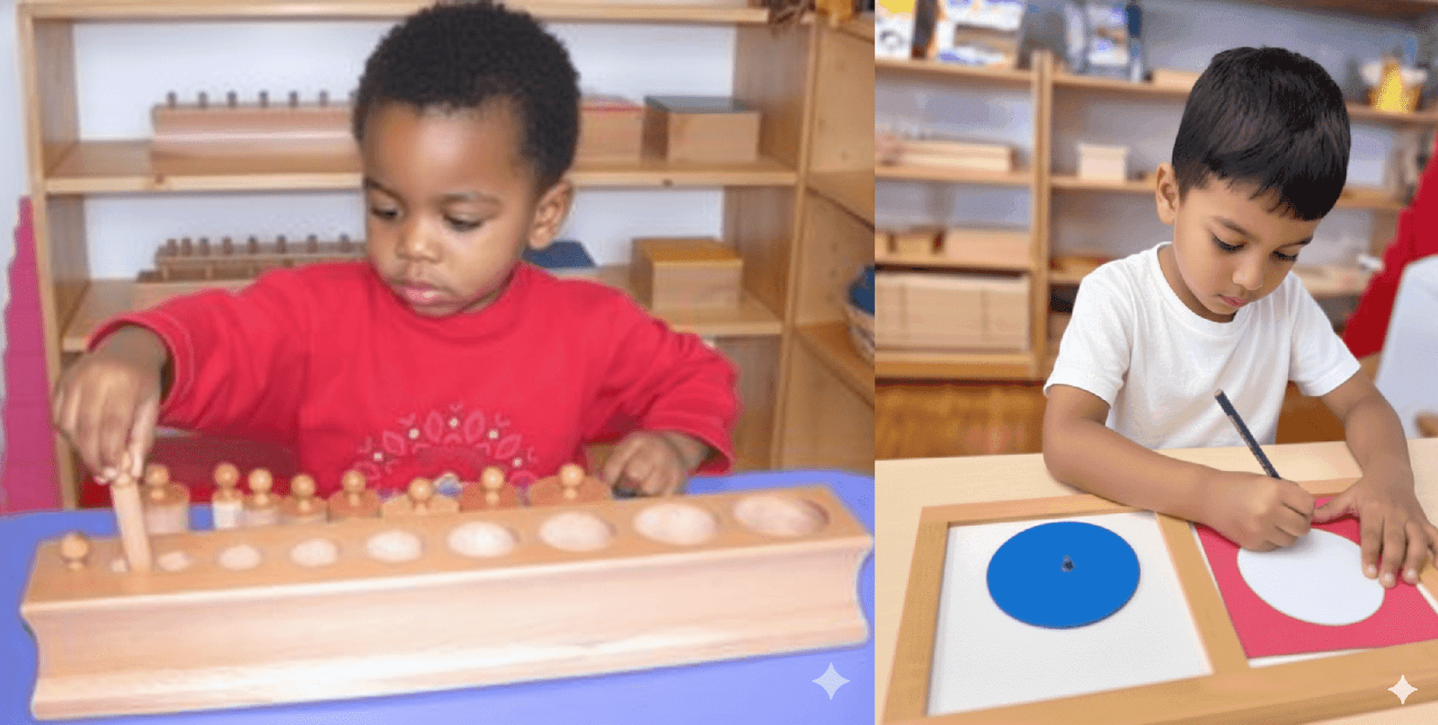 The boy is using the Knobbed Cylinders and Metal Insets for indirect preparation, strengthening his hand for the coming 'explosion of writing.'