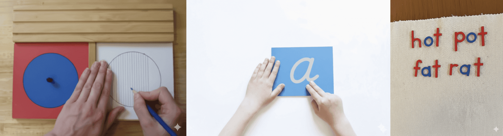 Left: Metal Inset, Middle: Sandpaper Letters, Right: Movable Alphabets, which are materials for Writing Explosion