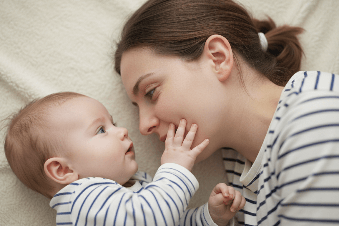 An intimate close-up of a mother and infant (3–5 months) bonding, illustrating the foundational unconscious absorption phase of spoken language development.